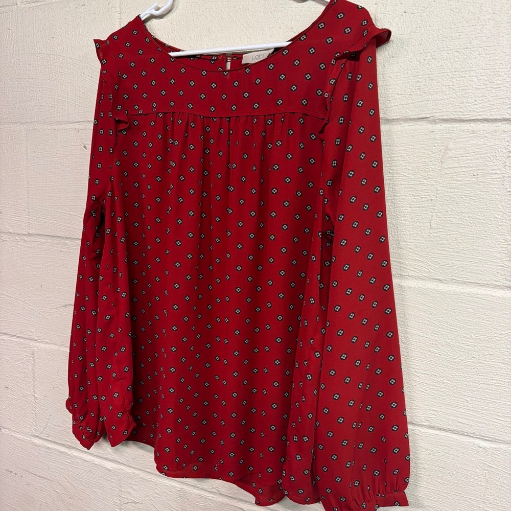 Loft Red Diamond‎ Print Ruffle Shoulder Blouse XL career office academia